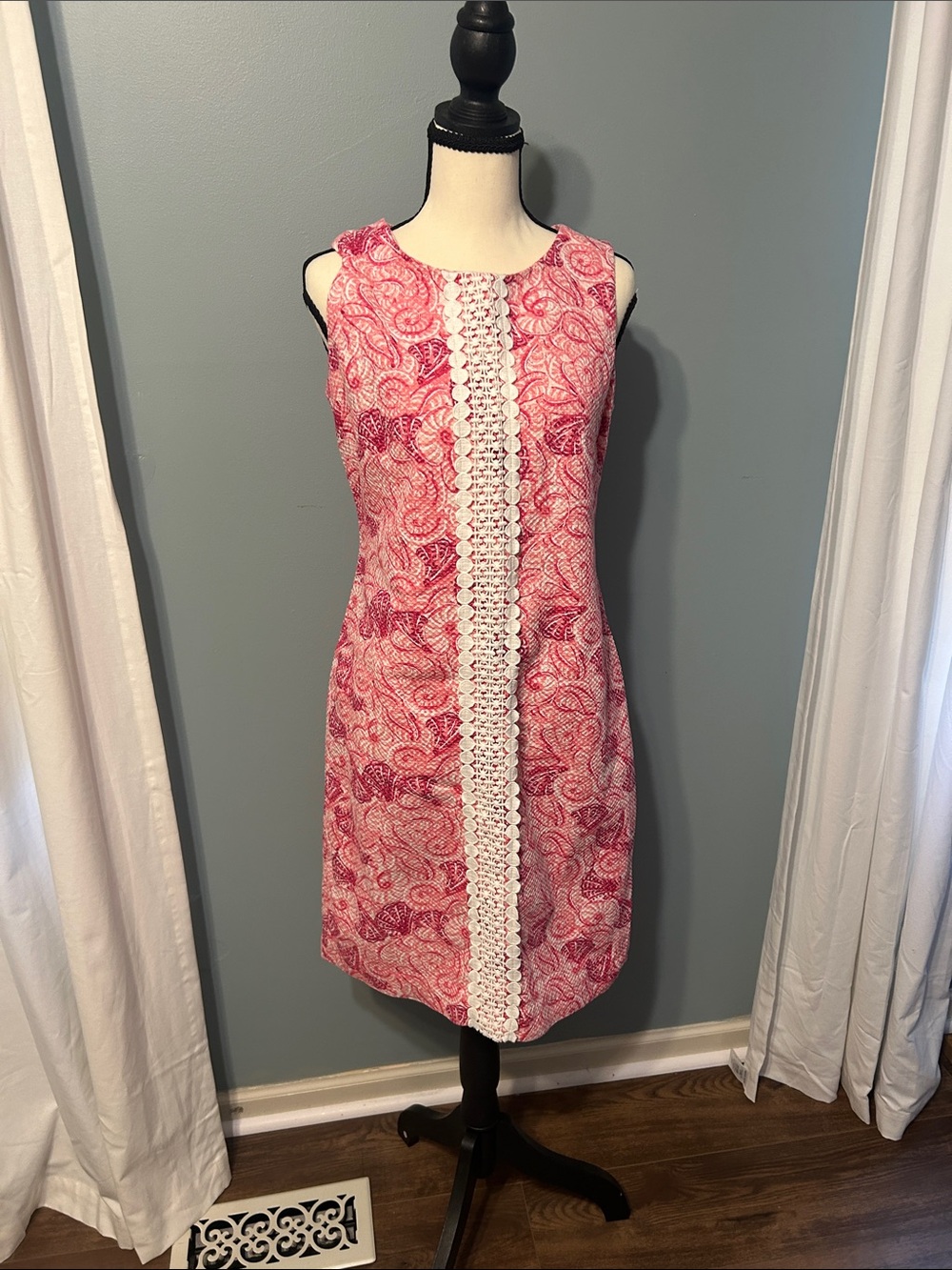 Talbots Pink Paisley Sleeveless Shift Dress with White Lace Panel